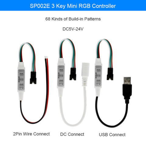 600px SP002E Mini 3Key LED Controller USB DC SATA FOR RGB WS2812B UCS1903 SK6812 Addressable Pixels LED Strip Lights DC5V-24V ► Photo 1/6