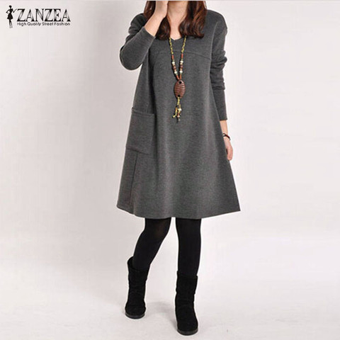 Zanzea 2022 Autumn Winter Women Long Sleeve Pocket Dress Solid O Neck Casual Loose Dresses Vestidos Plus Size S-5XL ► Photo 1/6