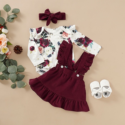 3-piece Baby Girl Clothes Toddler Floral Print Bodysuit Suspender Headband Set Newborn Infant Baby Girls Ruffled Sunflower ► Photo 1/6