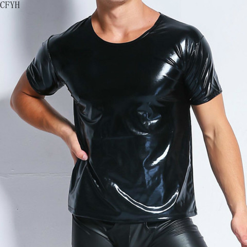 Cool Men PU Imitation Faux Leather T-Shirts Hot Sexy Club Dance Stage Performance Wear Light Man T-shirt Tops Tees Undershirt ► Photo 1/3