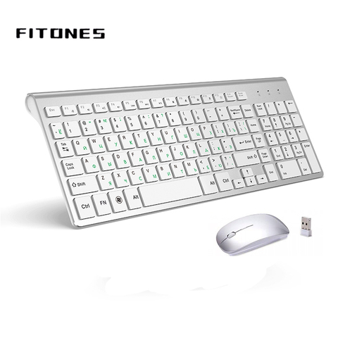 2.4G Wireless Keyboard and Mouse, Russian Layout U.S. Layout, Compact, Convenient, Ultra Thin, Ergonomic, Silver White ► Photo 1/6
