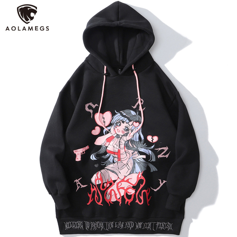 Aolamegs Anime Manga Sexy Girl Punk Letter Print Hoodies Men Casual Loose Sweatshirt Streetwear Japanese Harajuku Otaku Pullover ► Photo 1/6