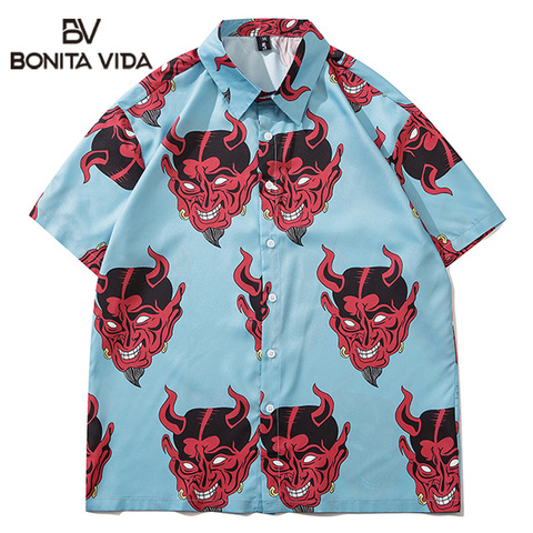 Bonita Vida Oversized Devil Print Hip Hop Short Sleeve Shirts Summer Harajuku Hawaiian Button Up Beach Shirts Fashion Blouse ► Photo 1/6
