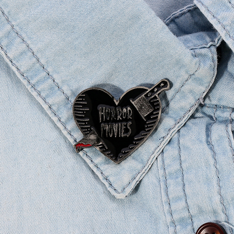 I love Horror Movies Pin Horror Movies Black Heart Enamel Pin Scary Slasher Film Spooky Vintage Accessory Gift ► Photo 1/6