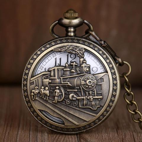 Antique Skeleton Pocket Watches Men Women Fashion Quartz Clock Bronze Train Design Stainless Steel Pocket Watch With Chain ► Photo 1/4