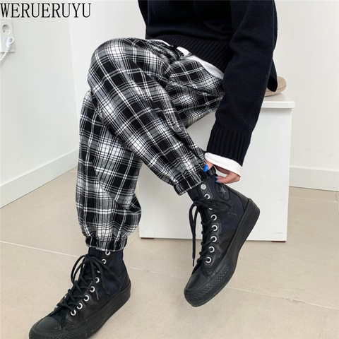 WERUERUYU Women's Autumn Casual Pants Clothes Loose Drawstring Clothing Fashion Black White Check Harem ► Photo 1/6