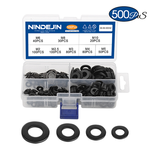 NINDEJIN 500pcs Flat Washer Set m2 m2.5 m3 m4 m5 m6 m8 m10 Carbon Steel Black Gasket Set Plain Washer Assortment Kit Ring ► Photo 1/6