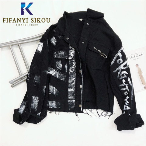 Streetwear Women Denim Jacket Fashion Graffiti Print Long sleeve Jeans Jacket Female Loose Hip hop Jeans Coat Harajuku Jackets ► Photo 1/6