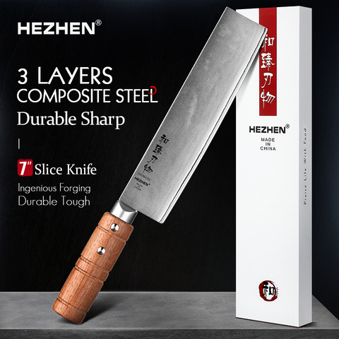 HEZHEN 7 Inches Slice Knife 3 Layers Composite Steel Cleaver Prefessional Chef Sliced Meat Cutting Knives Kitchen Cook Knife ► Photo 1/6