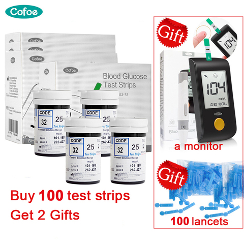 Cofoe mg/dl 100Pcs Test Strips Diabetes Blood Glucose monitor FREE a machine & Lancet Blood Glucose Meter Glucometer ► Photo 1/6