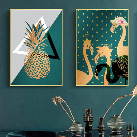Canvas Poter Print Golden Modern Ins Geometry Plant Green and Gold Pineapple Monstera Plant Painting Large Leaf Decoration 2-13 ► Photo 1/6