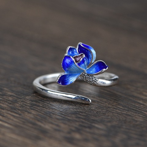 Real 925 Sterling Silver Lotus Open Rings for Women Enameling Flower Finger Ring Resizable Fine Jewelry ► Photo 1/5