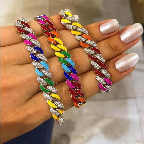 Summer hot selling colorful jewelry Neon rainbow enamel Ice out cz 11mm Miami cuban link chain women bracelet ► Photo 1/6