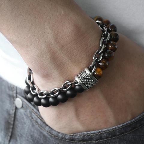 Mens Bracelets Beaded Tiger Eye Stone Lava Lapis Lazuli Gunmetal Stainless Steel Charm Wheat Rolo Chain Bracelet for Men LDBM47 ► Photo 1/6