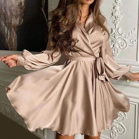 Sexy Satin Sashes A Line Mini Dress Lantern Sleeve Elegant Party Dress 2022 Autumn Fashion Women's Clothing Streetwear Vestidos ► Photo 1/6