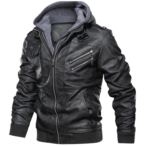 Men's Leather Jackets Autumn Winter Casual Hooded Coats Men Fashion Motorcycle Biker Leather Jacket Jaqueta Couro S-3XL ► Photo 1/6