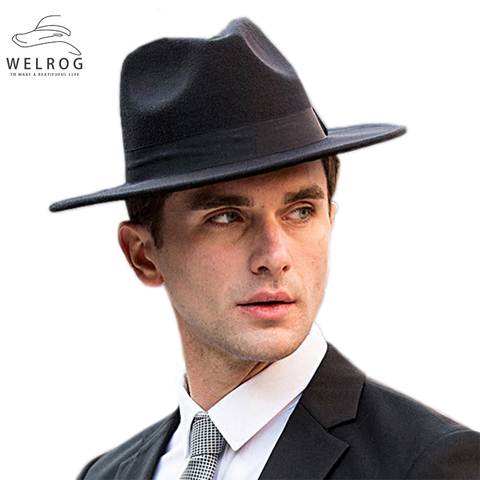 WELROG New Vintage Wide Brim Panama Fedoras Autumn Elegant Men Flat Brim Hats Black Belt Buckle Men's Winter Fedora Caps ► Photo 1/6