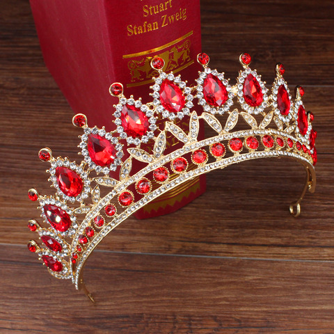 Wedding Bridal Tiara Crown Queen Bride Gold Red Crystal Diadem Hair Ornaments Head Jewelry Accessories Women Pageant Headpiece ► Photo 1/6