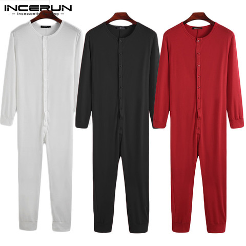 Men's Jumpsuit Pajamas Homewear Solid Color Long Sleeve Comfortable Sleepwear Button Leisure Men Rompers Nightwear S-5XL INCERUN ► Photo 1/6
