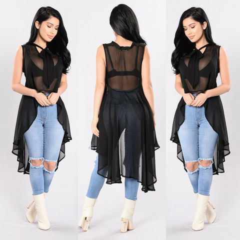 Women Sexy Transparent Fluoroscopy Sleeveless Loose Blouse Casual Shirt Summer Tops Summer Bikini Swim Cover Up Clothes ► Photo 1/5