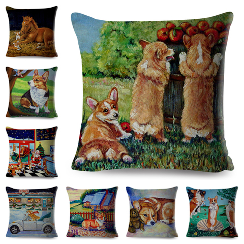 Oil Painting Dog Pillow Case Covers Linen Welsh Corgi Pembroke Cushion Cover for Sofa Home Car Decor Cartoon Pillowcase 40x60cm ► Photo 1/6