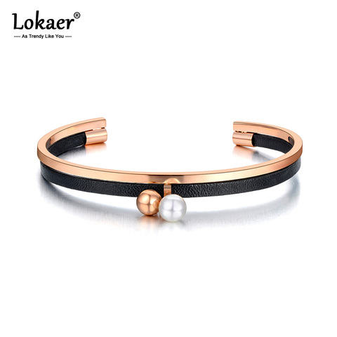 Lokaer Titanium Stainless Steel Round Ball & White Pearl Charm Bracelets For Women Girls Trendy Black Leather Open Bangle B20071 ► Photo 1/6