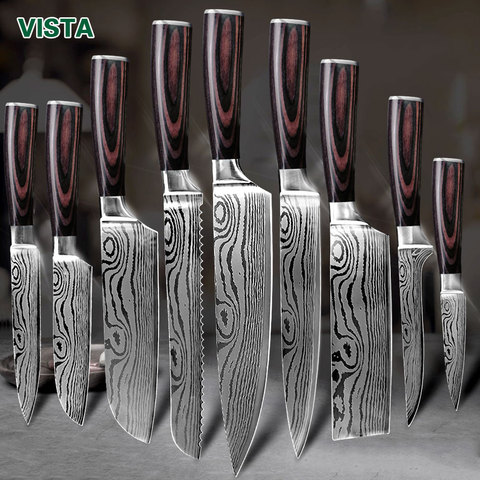 kitchen knives 1-9pcs 7CR17 High Carbon Stainless Steel Damascus Drawing Gyuto Cleaver Set Slicer Santoku Knife Chef knife ► Photo 1/6