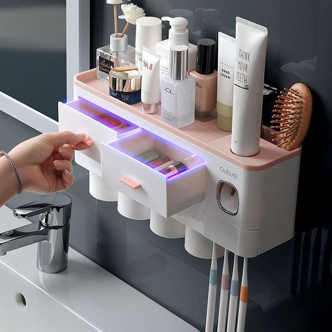 Bathroom Accessories Set Magnetic Adsorption Toothbrush Holder  Automatic Toothpaste Dispenser with Cup Wall Mount Storage Rack ► Photo 1/6