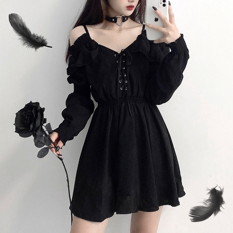 Women Dress Plus Size 4XL Lace Up Black Autumn 2022 Sexy High Waist Femme Dresses Off Shoulder Long Sleeve Gothic Clothes ► Photo 1/6