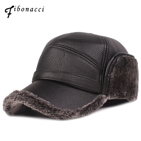 Fibonacci 2022 New Classic men's winter hat warm ear protection plus velvet thick middle aged elderly leather baseball cap ► Photo 1/6