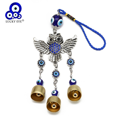 Lucky Eye Alloy Owl Pendant Tassel Blue Turkish Evil Eye Bead Wall Hanging Wind Chimes Decoration for Home Living Room Car BE90 ► Photo 1/6