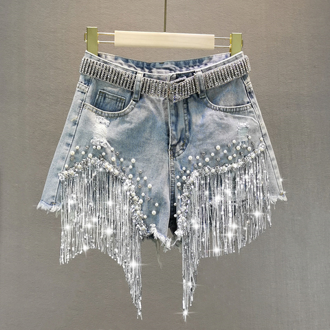 Female Denim Shorts 2022 Summer Wear New High Waist Slimming Heavy Beaded Sequin Fringed Ripped Wide Leg Pants Jeans Hot Pants ► Photo 1/6