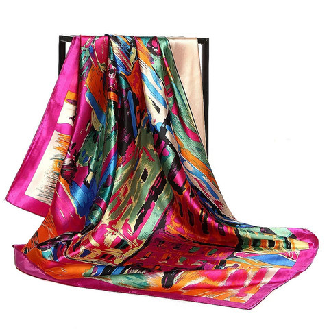 Silk Scarf Women Print hair neck Square Scarves Office Ladies Shawl Bandanna 90*90cm Muslim Hijab Handkerchief muffler foulard ► Photo 1/6