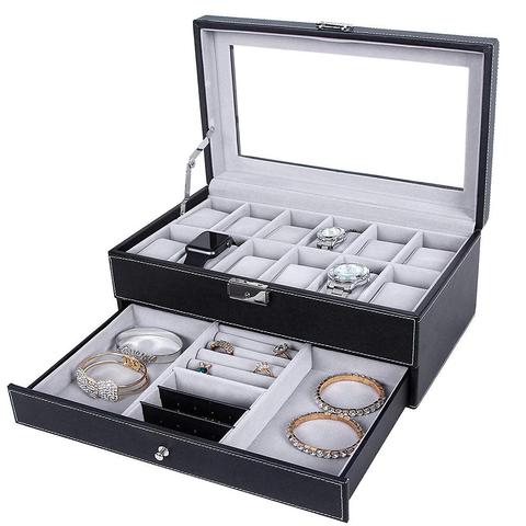 Fashion Watch Box Double Layer 12 Detachable Slot Watch Organizer Storage Box Collection Faux Leather Watch Box With GlassTop ► Photo 1/6