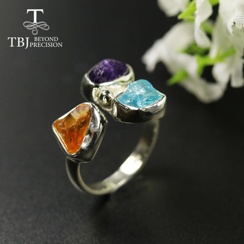 TBJ,2022 Unique handmade Rough Ring natural Amethyst citrine apatite gemstone women ring 925 sterling fine jewelry gift party ► Photo 1/6