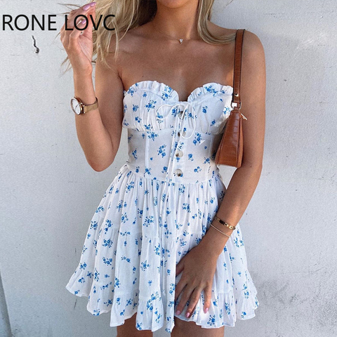 Women Elegant Fashion Sexy Floral Print Bandeau Frill Hem Dress Mini Dress Summer Party Dress ► Photo 1/3