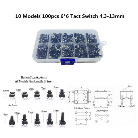 10 Models 100pcs 6*6 Tact Switch Tactile Push Button Switch Kit, Height: 4.3MM~13MM DIP 4P Micro Switch 6x6 Key Switch ► Photo 1/6