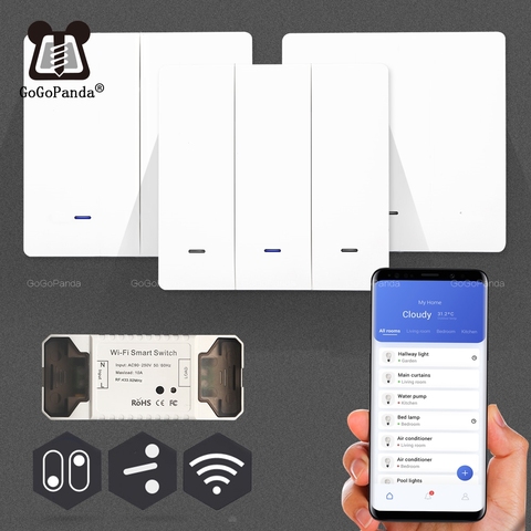 Smat 1/2/3 Gang Push Light Switch Wireless Control Receiver Panel Button Wall Lamp RF Wifi On/off  Interrupter Device Tuya App ► Photo 1/5