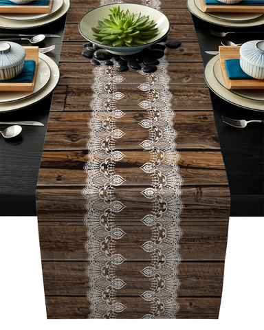 Wood Texture Lace Pattern Brown Rustic Table Runner Home Dining Room Decor Table Cloth Wedding Christmas Party Table Runners ► Photo 1/6