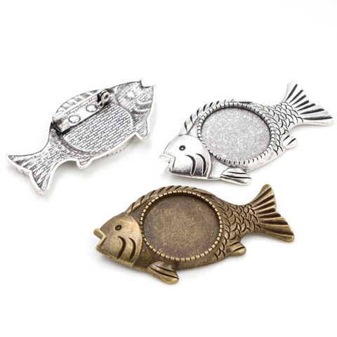 2pcs 20mm Inner Size Antique Silver And Antique Bronze Colors Plated Brooch Pin Fish Style Cabochon Base Setting ► Photo 1/6