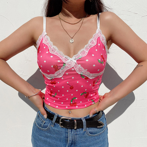 HEYounGIRL Cherry Print Sweat Cute Pink Cami Top Patchwork Lace Sleeveless  Spaghetti Strap Tops Tees Fashion Summer Casual Camis - Price history u0026  Review | AliExpress Seller - heyoungirl Store | Alitools.io