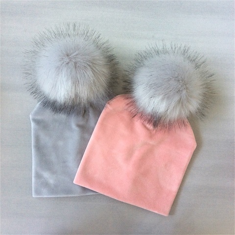 Autumn Winter Kids Girls Solid Velvet Hat With Pompon Baby Beanie Pompom Cap Children's Accessories ► Photo 1/6