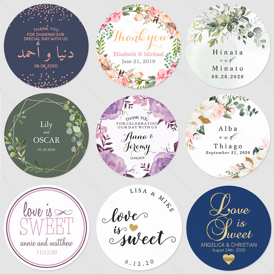 Names & Wedding date printed Personalised Wedding Stickers Seals Labels 