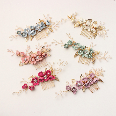 Hot Fashion Luxury Blue Flower Hair Combs Headdress Prom Bridal Wedding Hair Accessories Gold Leaves Hair Jewelry Hair Pins Gift ► Photo 1/6