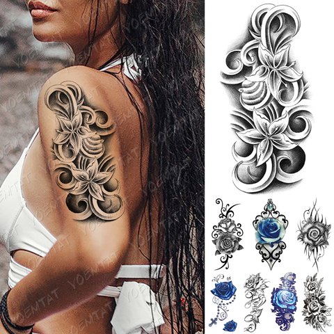 Waterproof Temporary Tattoo Sticker Sketch Lily Blue Rose Tattoos Totem Flower Rosary Body Art Arm Fake Sleeve Tatoo Women Men ► Photo 1/6