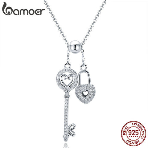 BAMOER Romantic 925 Sterling Silver Key of Heart Lock Chain Pendant Necklaces for Women Sterling Silver Jewelry Collar SCN290 ► Photo 1/6