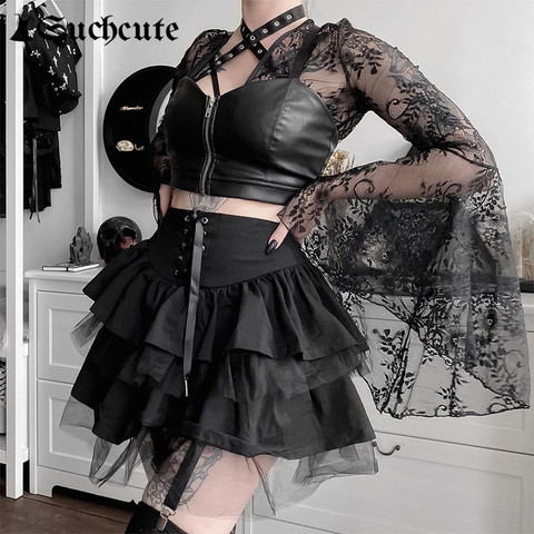 SUCHCUTE Goth Aesthetic Lace Up Mini Skirt For Women Dark Academia Mesh Patchwork A-Line Skirt Punk Style Party Black Saias ► Photo 1/6
