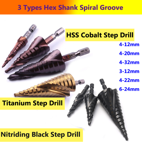 Hot HSS Cobalt/ Nitride Coated /Titanium Spiral Groove Stepped Drill Bit 3-12mm 4-22mm 6-24mm 4-12/20/32mm Step Cone Drill Bits ► Photo 1/6