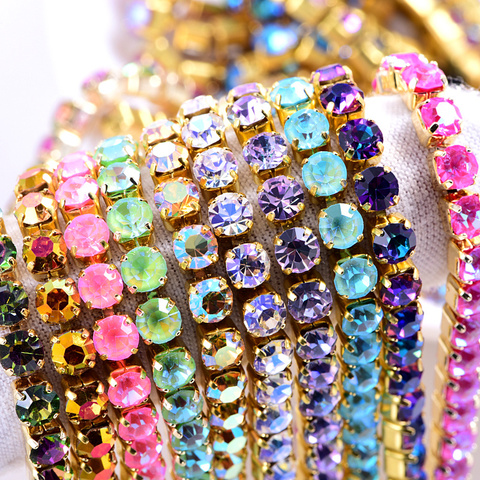 NEW 1 Yard AAAAA Quality Mocha Neon Glass Rhinestones Chain Colorful Crystal Strass Golden Base Rhinestones Cup Trimming B1380 ► Photo 1/6