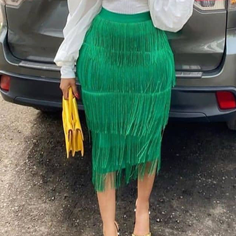 Green Fringe Bodycon Pencil Skirts Tassel High Waist Women Stretch Sheath Midi Length Ladies Slim Jupe Saias faldas Plus Size ► Photo 1/6